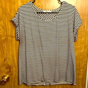 Navy blue and white striped tee with buttons up the back